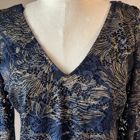Marina cocktail stretch lace foil dress STATEMENT sheer BACK sheath navy gold L - Picture 7 of 16